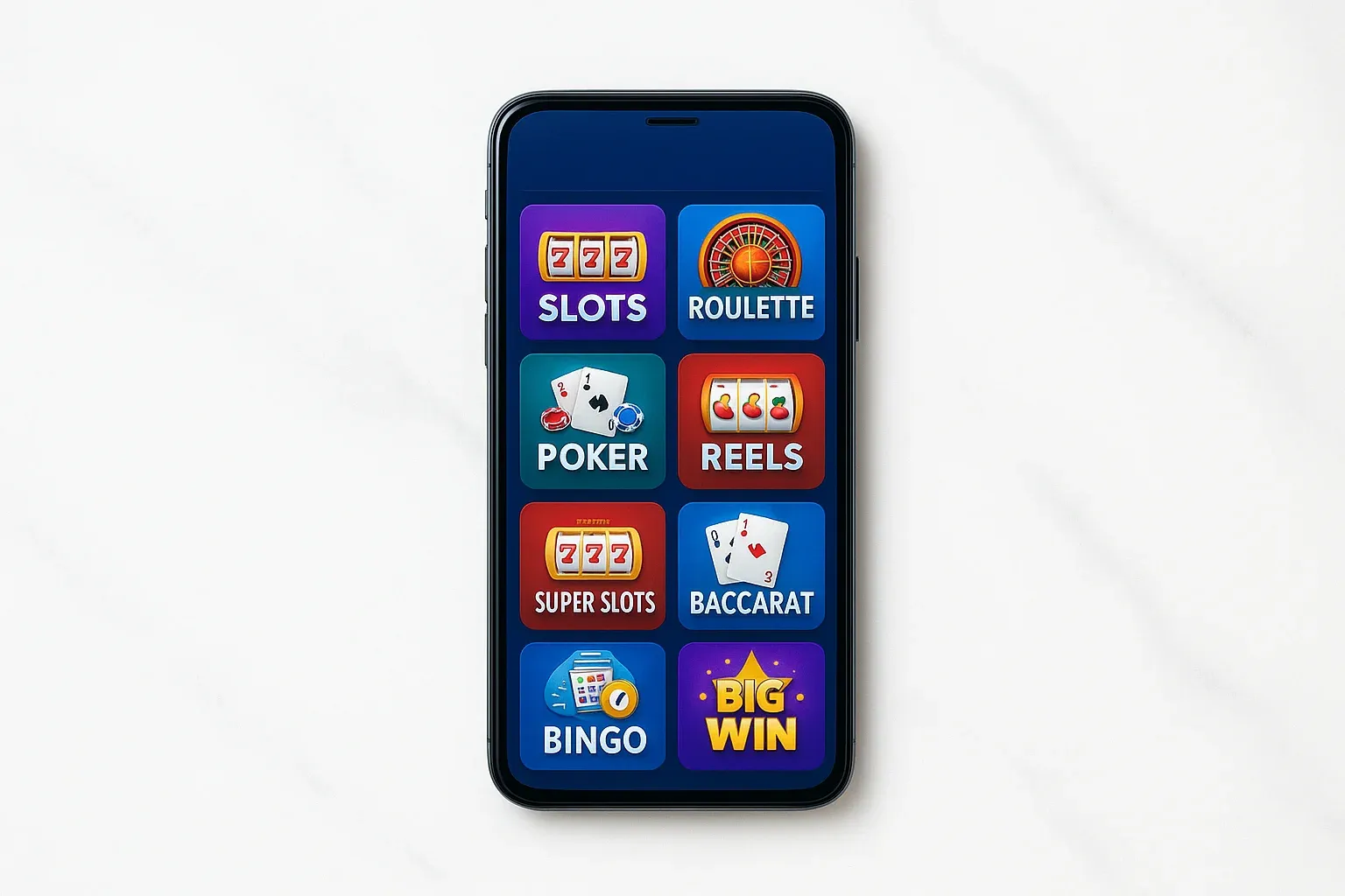 Smartphone on white marble showing bright casino game selection grid