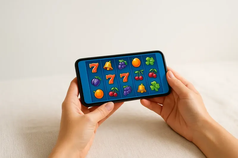 Woman hands holding smartphone showing casino game grid on linen