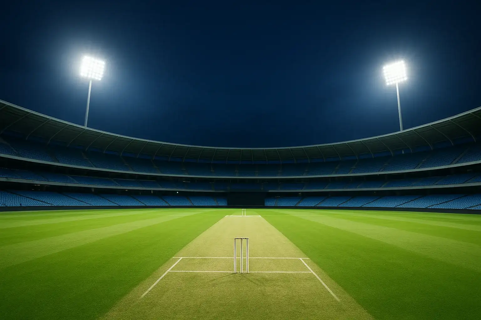 Aerial night view of cricket stadium with floodlights and vibrant green pitch