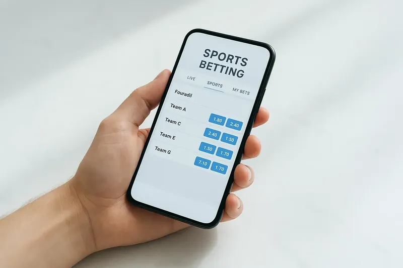 Hand holding smartphone showing sports betting odds on white marble surface