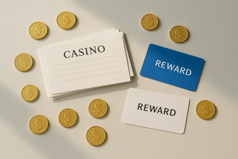 Stack of casino bonus vouchers and reward cards with scattered gold coins