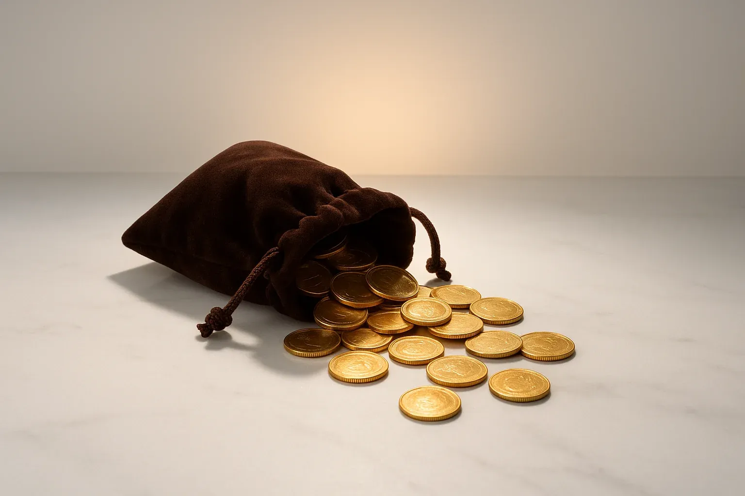 Golden coins spilling from velvet pouch onto white marble surface