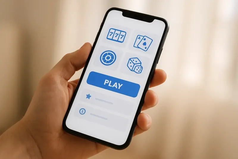 Hand holding smartphone showing clean light-themed casino app interface