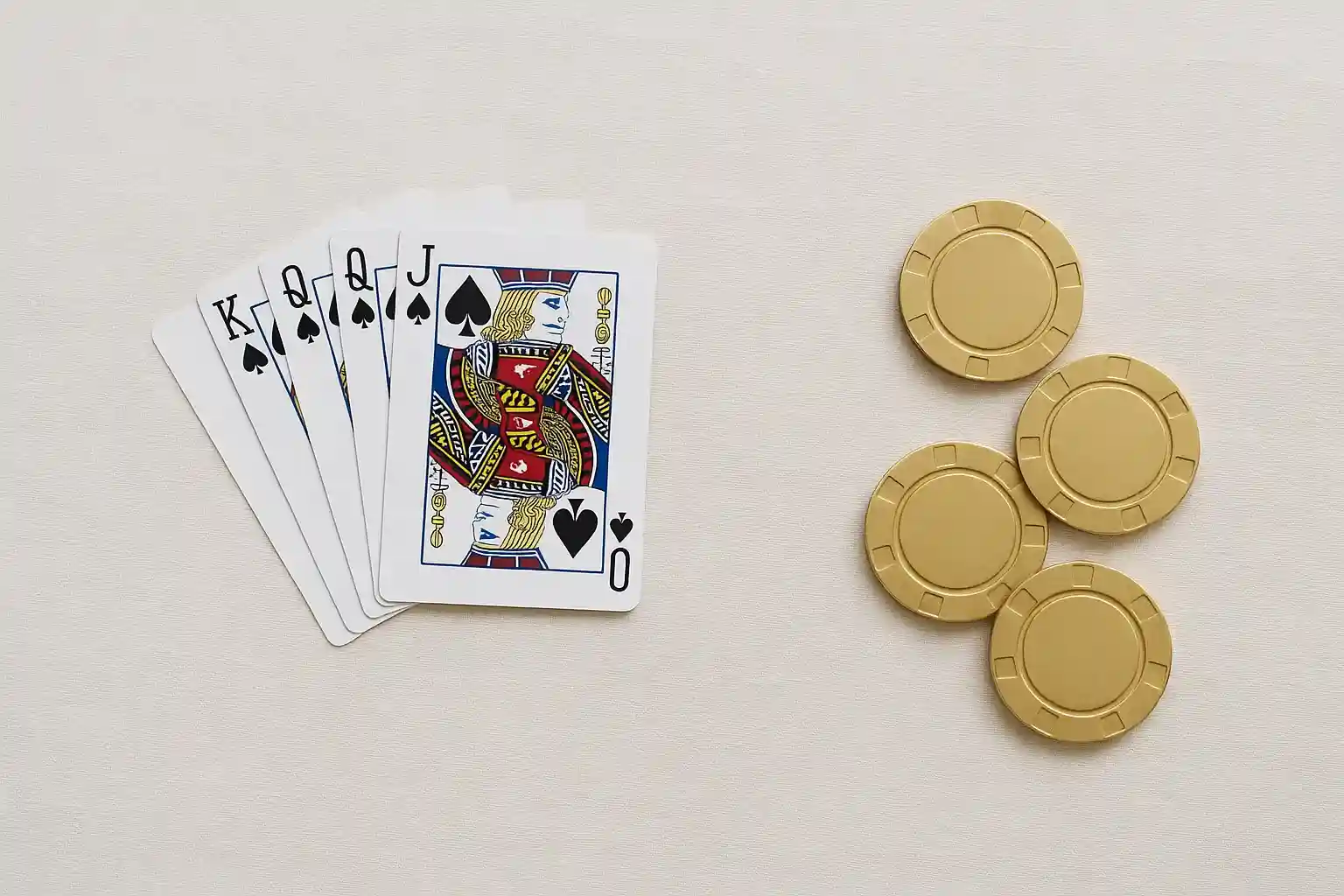 Playing cards fanned on cream linen with gold casino chips
