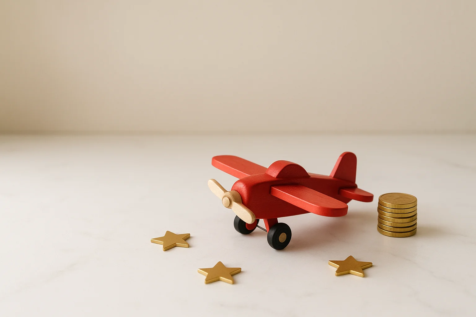 Miniature red airplane model with gold coins and star tokens on marble