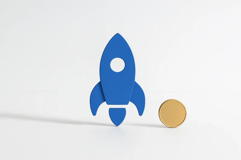 Minimalist rocket icon with gold coin on white background