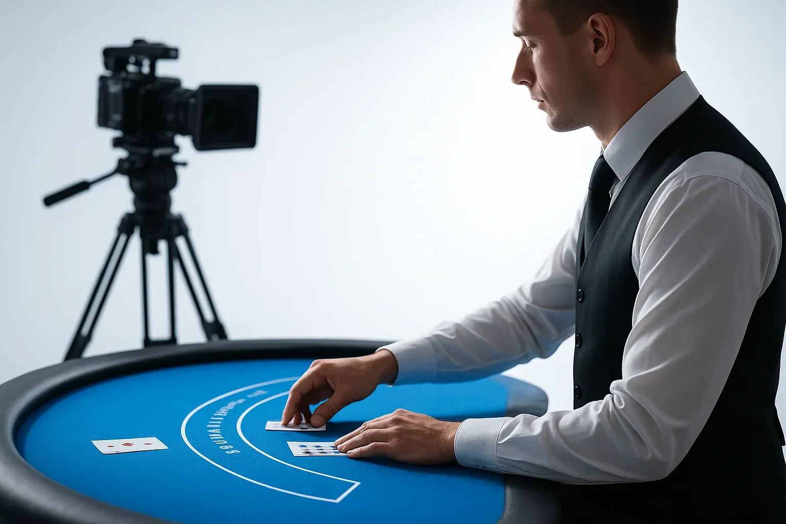 Side view of blackjack dealer in live casino studio with camera rig