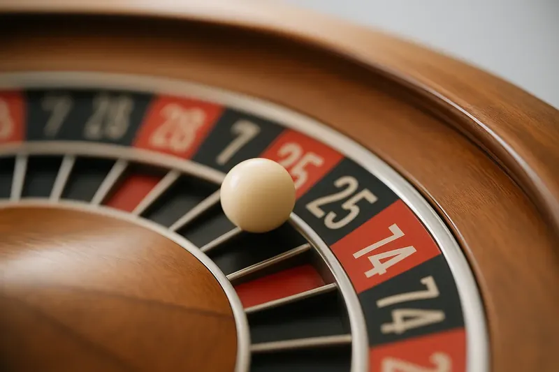 Macro roulette ball frozen mid-roll on wheel rim under warm light