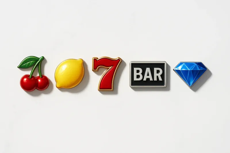 Five polished slot symbols on white marble with warm overhead lighting