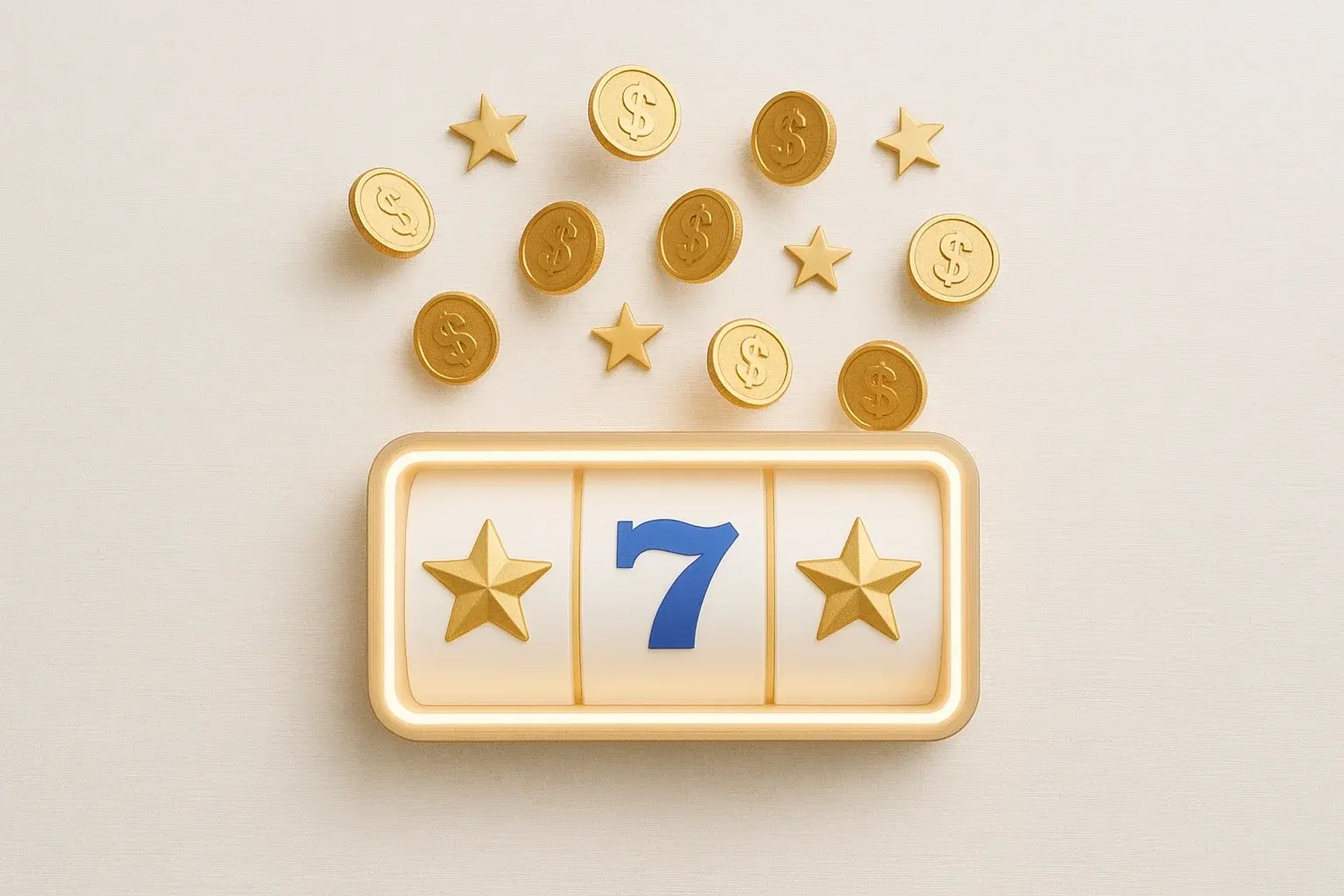 Slot machine jackpot with coins and star symbols floating on white